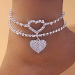 2pcs set Heart Rhinestone Anklets Foot Bracelet Summer Beach Chain-Anklets-Arimonz-Arimonz