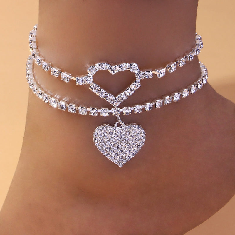 2pcs set Heart Rhinestone Anklets Foot Bracelet Summer Beach Chain-Anklets-Arimonz-Arimonz