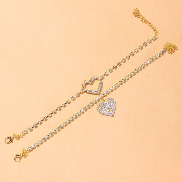 2pcs set Heart Rhinestone Anklets Foot Bracelet Summer Beach Chain-Anklets-Arimonz-Gold-Arimonz