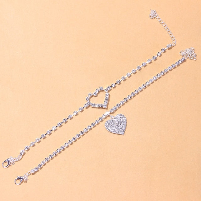 2pcs set Heart Rhinestone Anklets Foot Bracelet Summer Beach Chain-Anklets-Arimonz-Silver-Arimonz