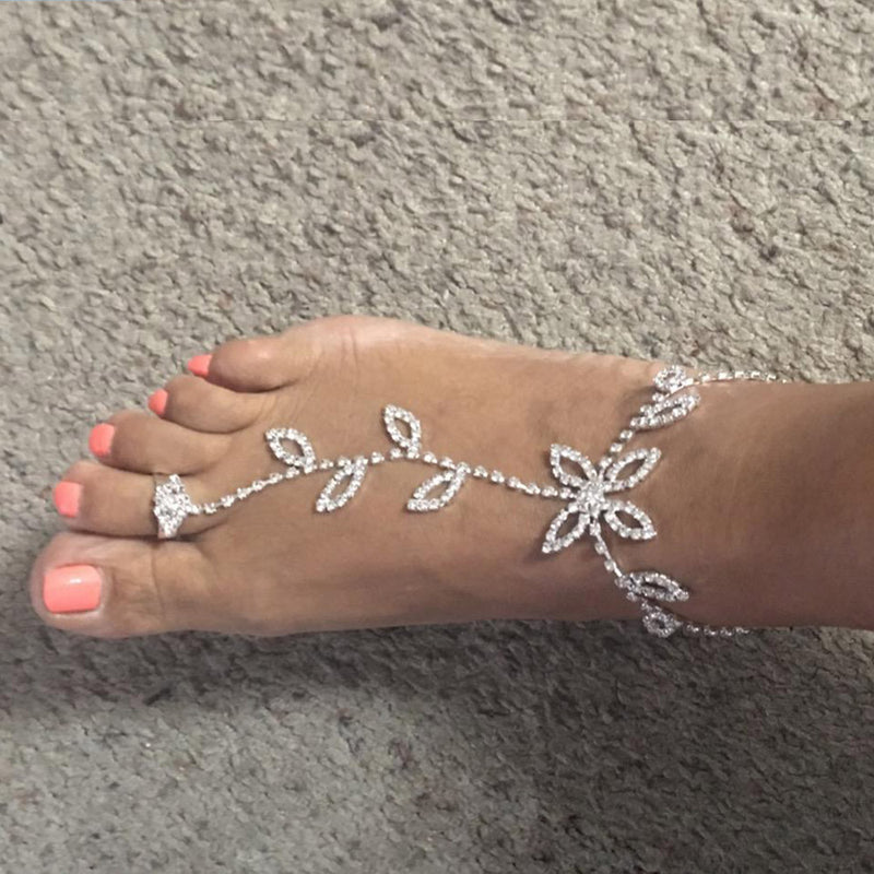 2Pcs Set Rhinestone Leaf Finger Anklet for Women Leaf Harness Anklet-Anklets-Arimonz-Arimonz