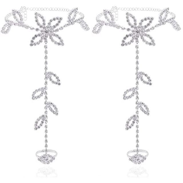 2Pcs Set Rhinestone Leaf Finger Anklet for Women Leaf Harness Anklet-Anklets-Arimonz-Arimonz