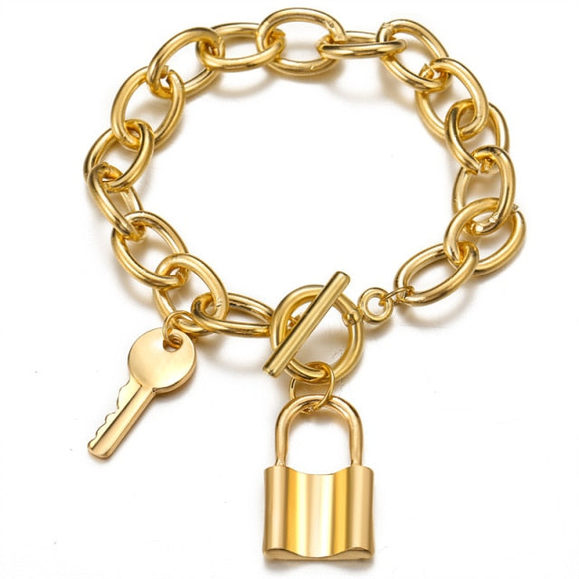 3pcs Set Fashion Thick Chain Link Bracelets Bangles For Women-Braceletes-Arimonz-Padlock Key Gold-Arimonz