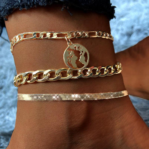 3pcs World Map Anklets For Women Bohemian Multilayer Anklet Jewelry-Anklets-Arimonz-Arimonz