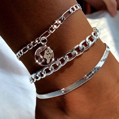 3pcs World Map Anklets For Women Bohemian Multilayer Anklet Jewelry-Anklets-Arimonz-Arimonz