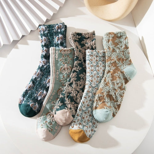 5 Pairs Street Socks Women's Socks Vintage Mid Tube Spring Socks-Socks & Tights-Arimonz-Green-Arimonz