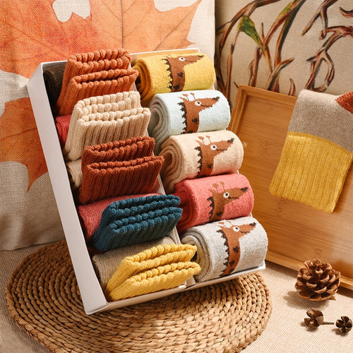 5 Pairs Women Winter Socks Vintage Patchwork Rabbit Wool Cotton Socks-Socks & Tights-Arimonz-Arimonz