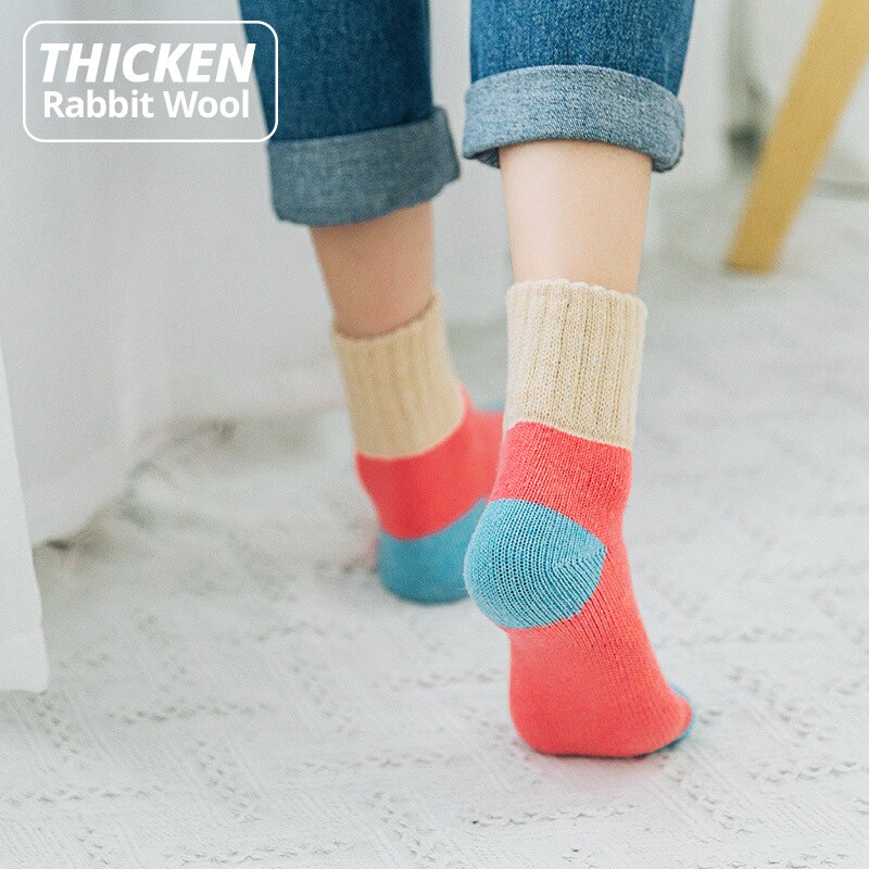 5 Pairs Women Winter Socks Vintage Patchwork Rabbit Wool Cotton Socks-Socks & Tights-Arimonz-Arimonz