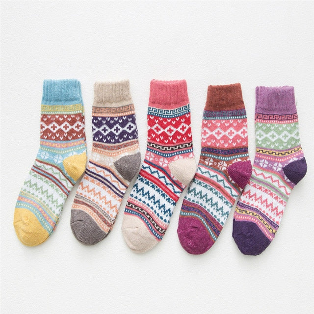 5 Pairs Women Winter Socks Vintage Patchwork Rabbit Wool Cotton Socks-Socks & Tights-Arimonz-Aztec-Arimonz