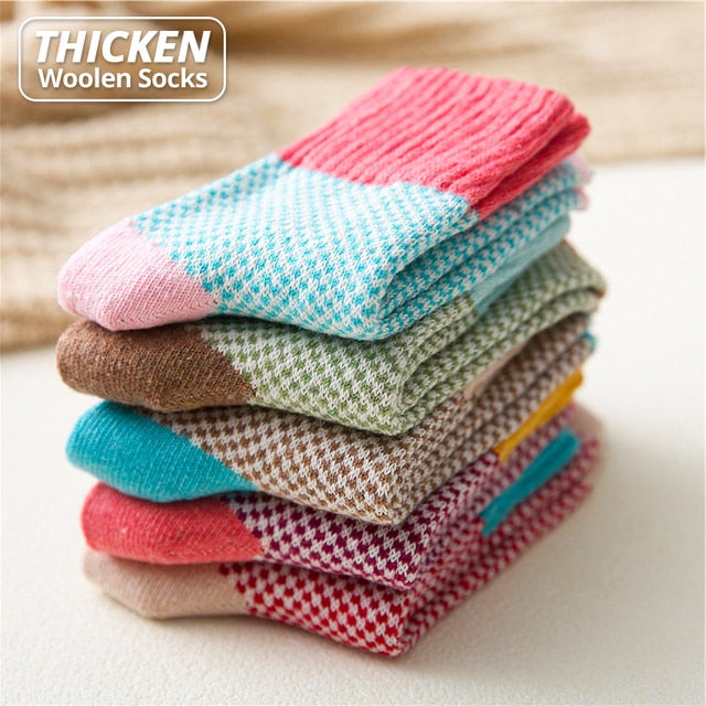5 Pairs Women Winter Socks Vintage Patchwork Rabbit Wool Cotton Socks-Socks & Tights-Arimonz-Checkered Multicolor-Arimonz