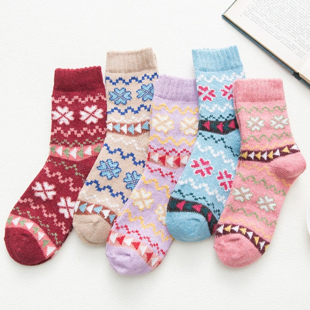 5 Pairs Women Winter Socks Vintage Patchwork Rabbit Wool Cotton Socks-Socks & Tights-Arimonz-Clover-Arimonz