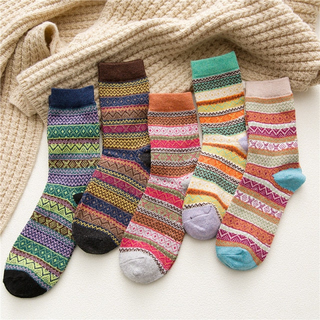 5 Pairs Women Winter Socks Vintage Patchwork Rabbit Wool Cotton Socks-Socks & Tights-Arimonz-Cute Multicolor-Arimonz