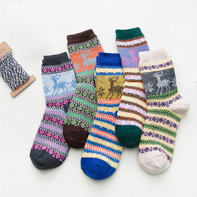 5 Pairs Women Winter Socks Vintage Patchwork Rabbit Wool Cotton Socks-Socks & Tights-Arimonz-Deer Pattern-Arimonz
