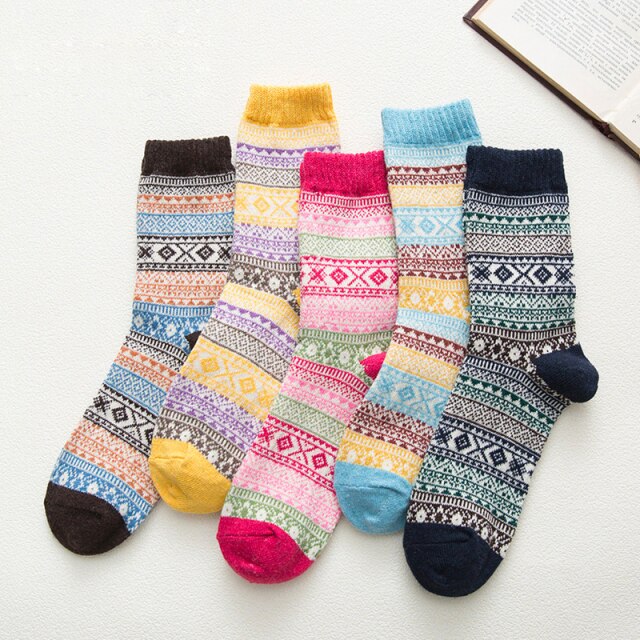 5 Pairs Women Winter Socks Vintage Patchwork Rabbit Wool Cotton Socks-Socks & Tights-Arimonz-Lines-Arimonz