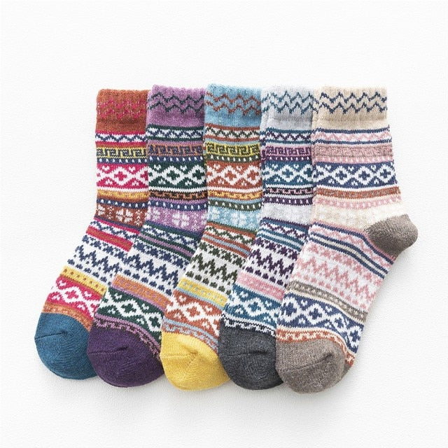 5 Pairs Women Winter Socks Vintage Patchwork Rabbit Wool Cotton Socks-Socks & Tights-Arimonz-Neutral-Arimonz