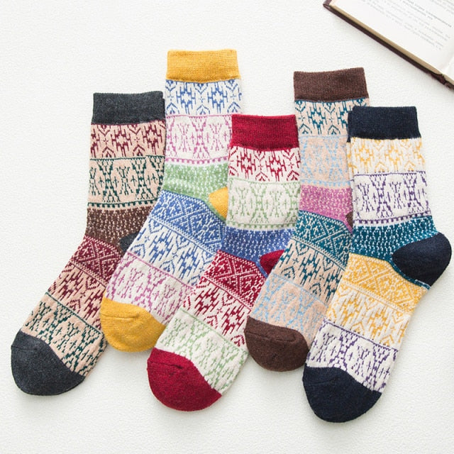 5 Pairs Women Winter Socks Vintage Patchwork Rabbit Wool Cotton Socks-Socks & Tights-Arimonz-Pattern Multicolor-Arimonz