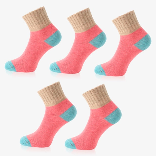 5 Pairs Women Winter Socks Vintage Patchwork Rabbit Wool Cotton Socks-Socks & Tights-Arimonz-Pink-Arimonz