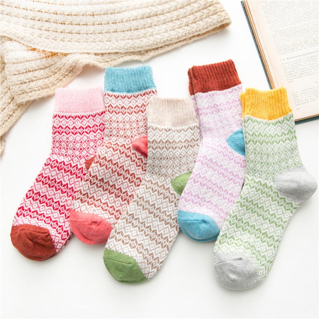 5 Pairs Women Winter Socks Vintage Patchwork Rabbit Wool Cotton Socks-Socks & Tights-Arimonz-Repeating Pattern-Arimonz