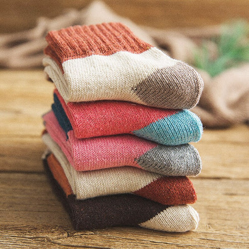 5 Pairs Women Winter Socks Vintage Patchwork Rabbit Wool Cotton Socks-Socks & Tights-Arimonz-Arimonz