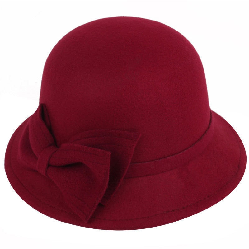 Winter Fedoras Women Hat Elegant Vintage Bowknot Wool Ladies Hat Dome