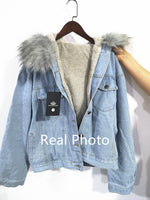 Women Denim Fur Hooded Coat Casual Jackets Single Breasted Outwear
