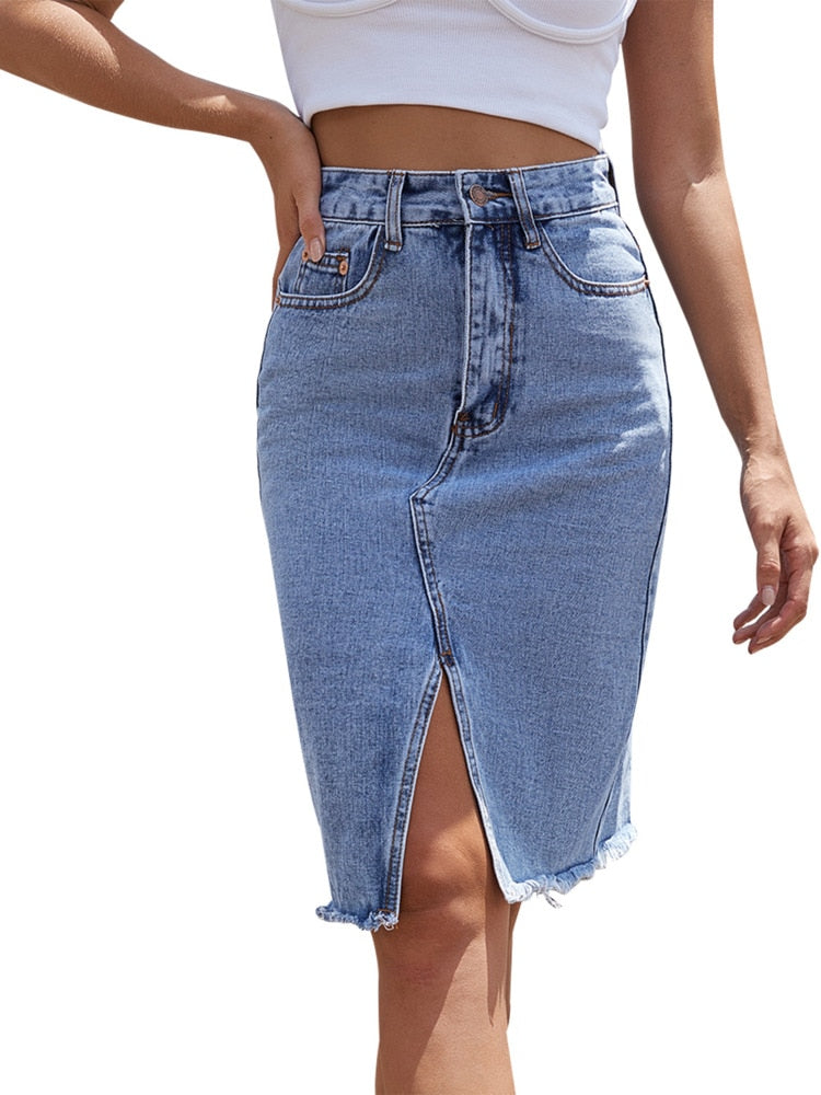 Women High Waist Denim Skirts Summer Mid-length Irregular Jeans 