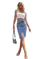 Women High Waist Denim Skirts Summer Mid-length Irregular Jeans Skirt