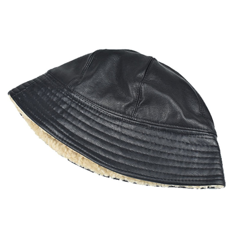 Winter Hats For Women Black PU Bucket Hat Streetwear Plus Velvet Caps