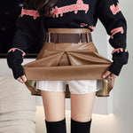 Khaki Black Pleated Skirts Women High Waist PU Leather Skirt Shorts
