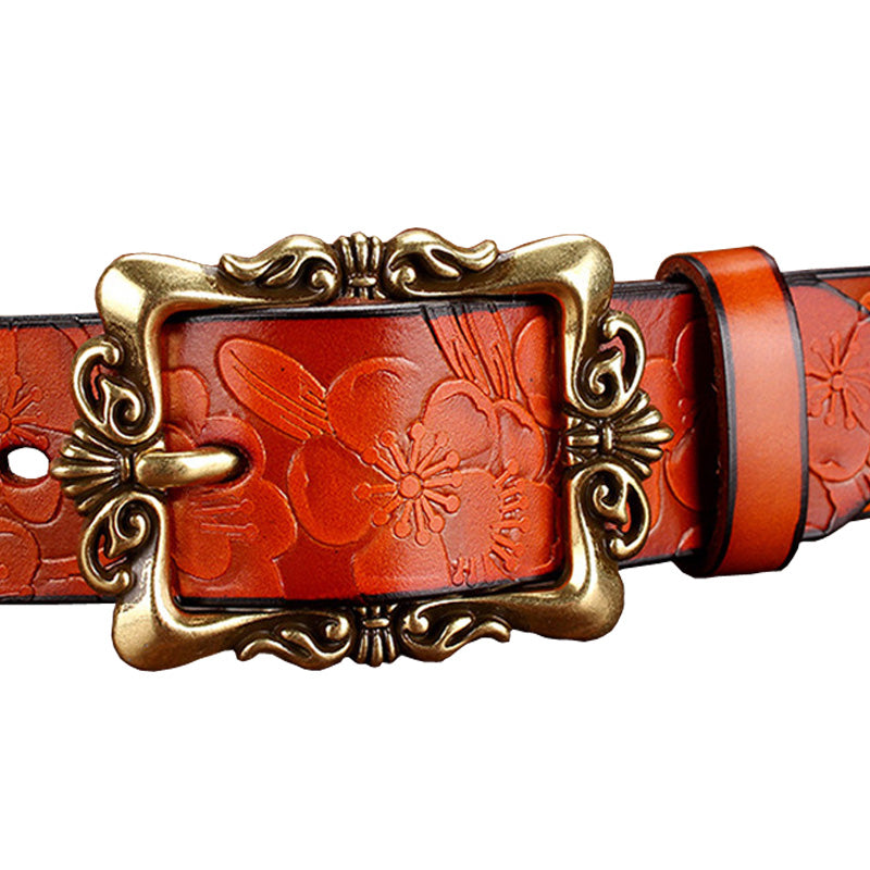 Wide Genuine Leather Belts For Women Vintage Floral Pin Buckle Belt