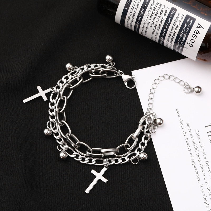 Metal Cross Pendant Charm Bracelet for Women Layering Linked Chain