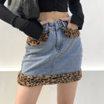 Patchwork Furry Leopard High Waist Jeans Skirt Women Casual Mini Skirt