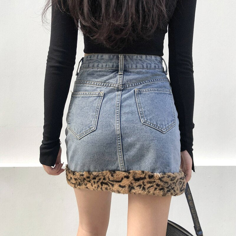Patchwork Furry Leopard High Waist Jeans Skirt Women Casual Mini Skirt