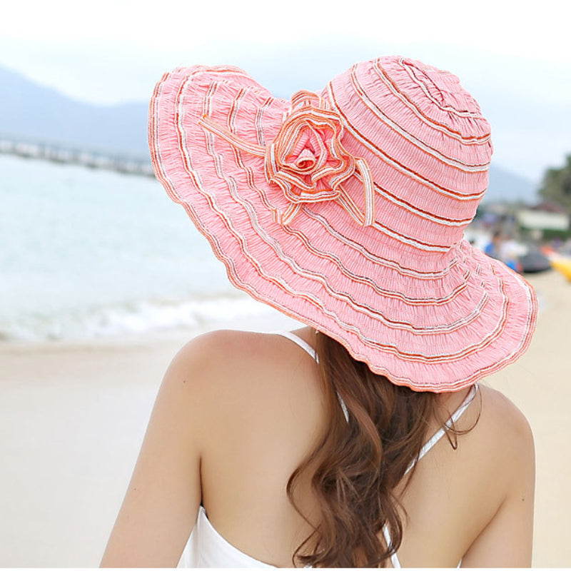 Women Hat Style Flower Packable Large Wide Brim Hat Adjustable Hat