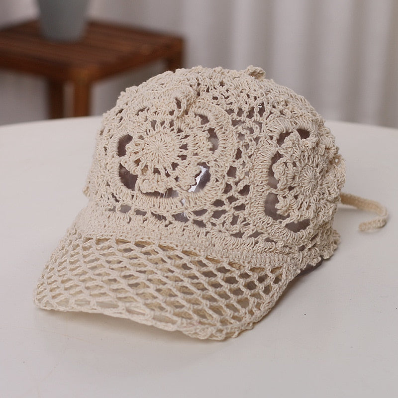 Hand Woven Baseball cap Women Handmade Flower Hollowed Thin Cap