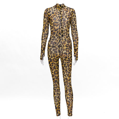 Women Long Sleeve Leopard Print Mesh See-through Bodycon Jumpsuit