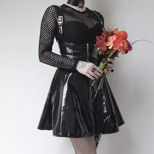 Leather Black Skirt High Waist Suspender Mini Skirt Women A Line Skirt