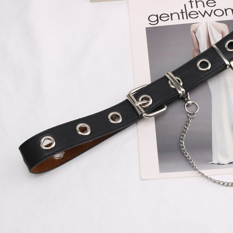 Leather Belts Women Black Fashion Gothic Metal Chain High Waist Belts