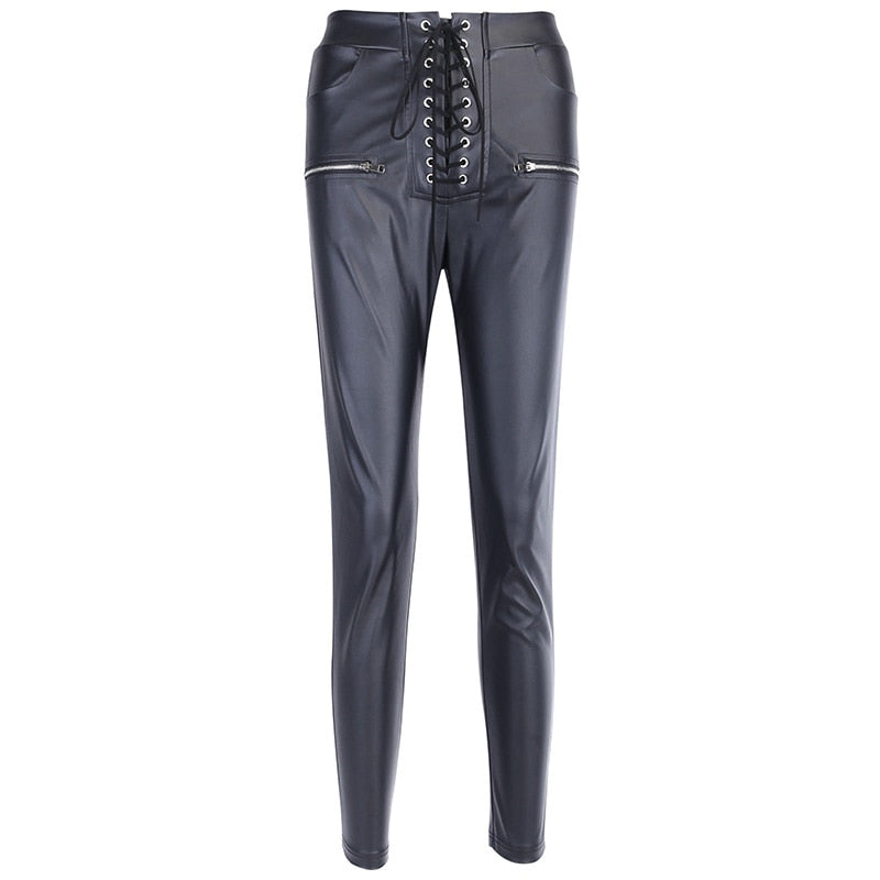 Faux Leather Pencil Pant Lace Up High Waist Slim Casual Trouser