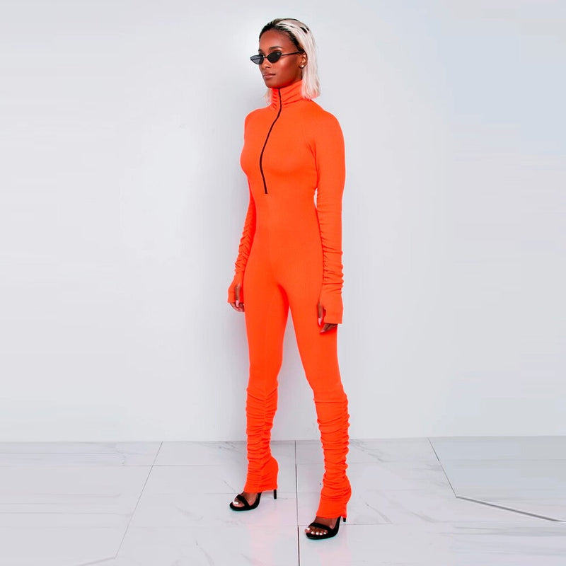 Rib Jumpsuit For Women Zipper Long Sleeve Rompers Casual Outfits