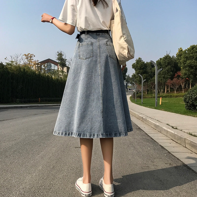 High Waist Denim Skirt Streetwear A-Line Long Skirts For Women – Arimonz