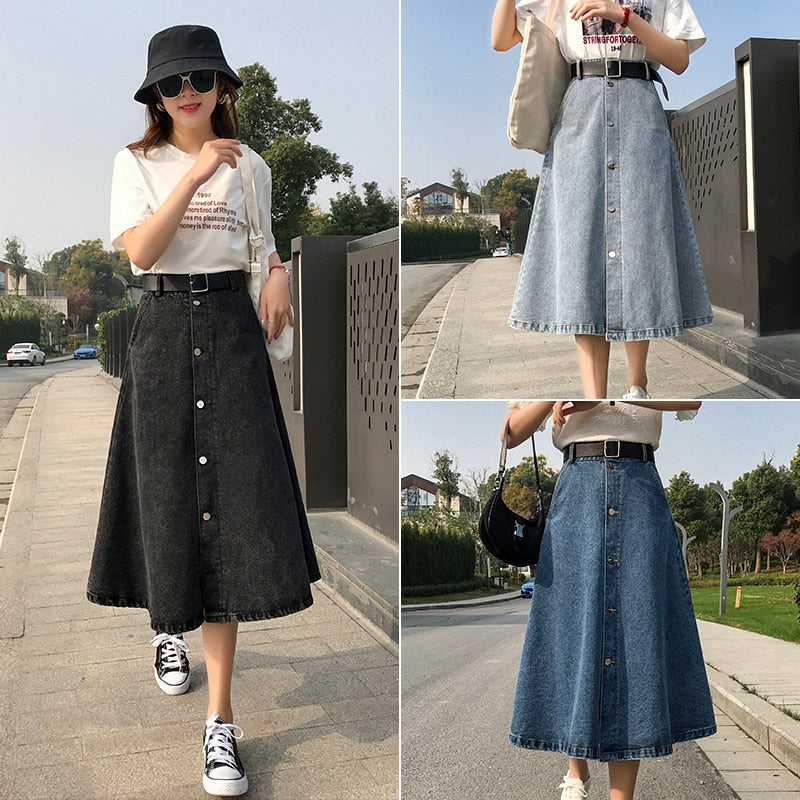 Polished Look with High-Waist Long Denim Skirt