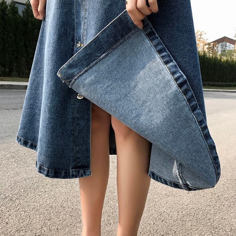 New Fashion Womens Denim High Waist A-Line Skirts Korean Casual Long Jeans  Dress | eBay