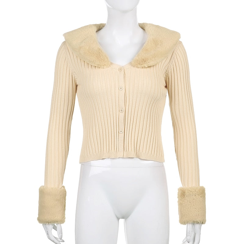 Woman Cardigan Sweaters With Fur Trim Collar Women Cropped Sweater