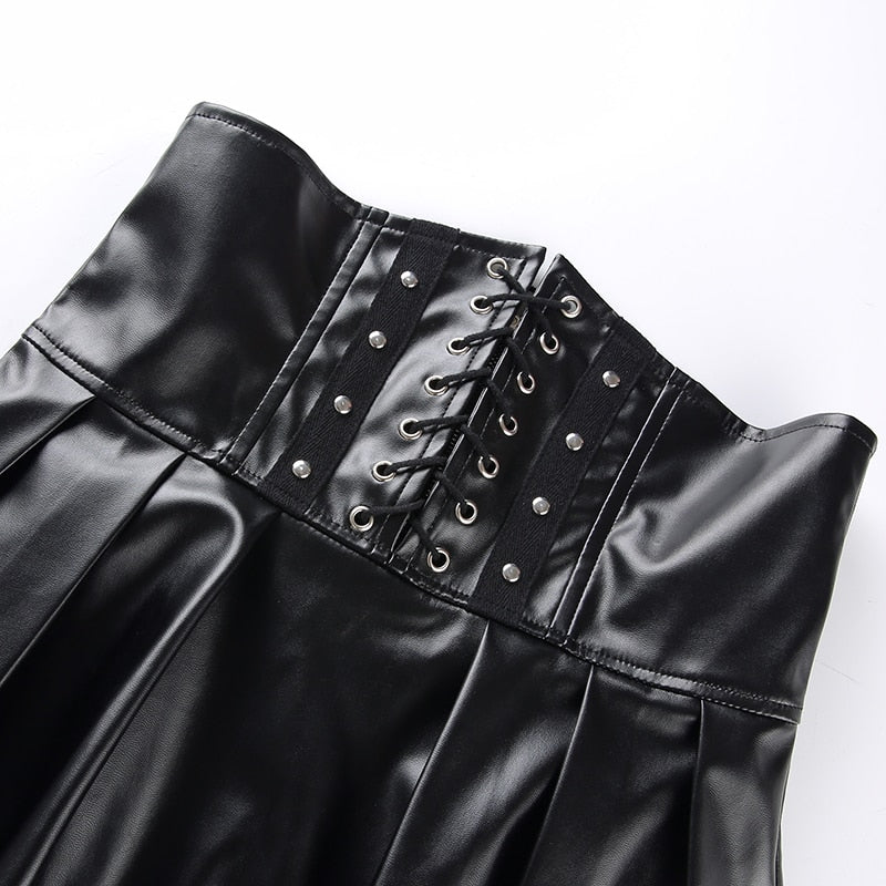 Women's Skirts Bandage Faux Leather Black Mini Pleated Skirts