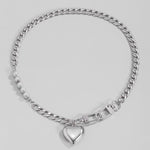 Women Stainless Steel Heart Pendant Necklace Lock Key Chain Necklace