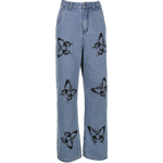 Vintage Jeans Woman Long Trousers Loose Butterfly Print Pants