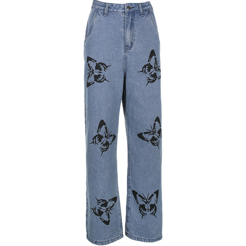 Vintage Jeans Woman Long Trousers Loose Butterfly Print Pants