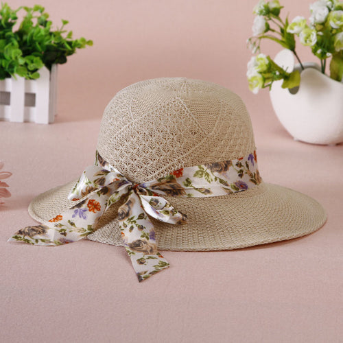Summer Girls Sun Hats Wide Brim Bowknot Straw Hat with Ribbon
