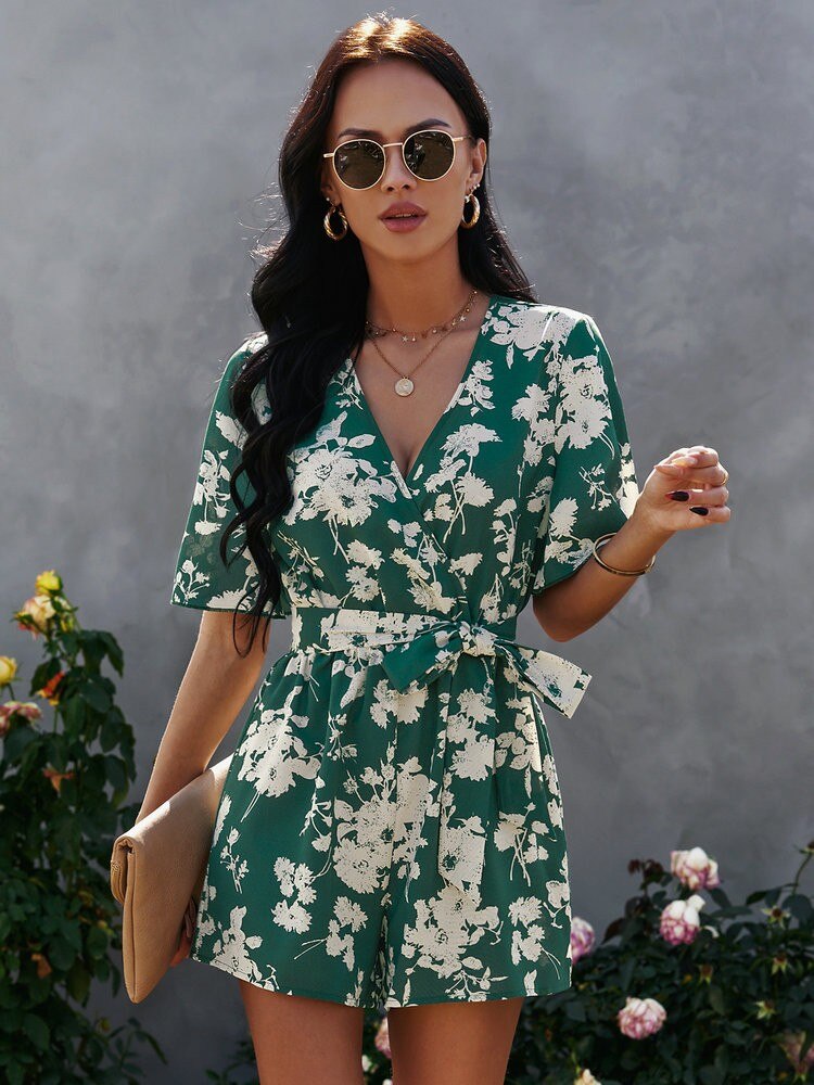 Front Allover Floral Print Belted Playsuits Wide Leg Pants Rompers